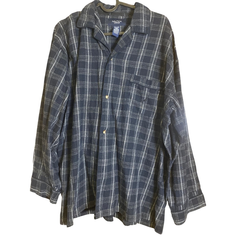 Nautica Pajama Top Mens Flannel Plaid Navy Blue Grey Size M